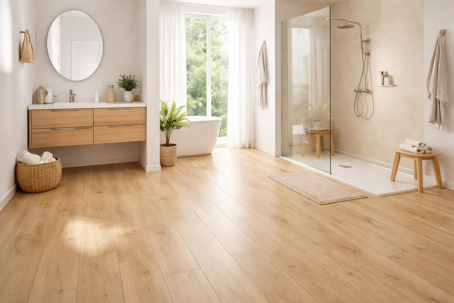 découvrez le sol stratifié hydrofuge, la solution parfaite pour aménager une salle de bain en bois alliant esthétique, résistance à l'humidité et facilité d'entretien.