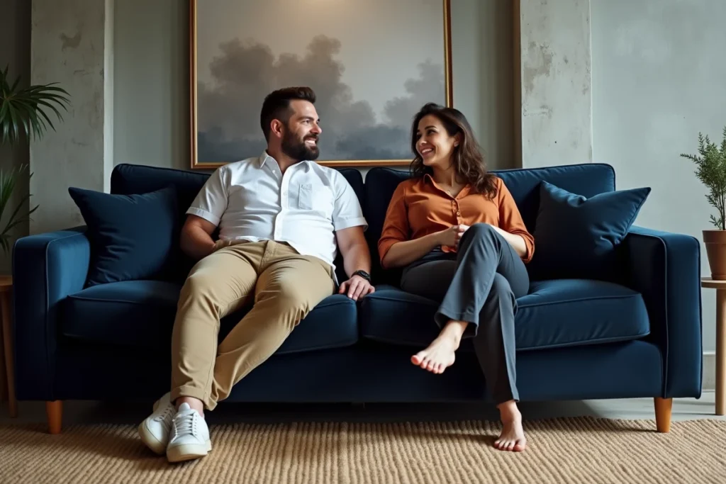 Couple d'adultes corpulents assis côte à côte sur un grand canapé velours marine haute densité dans un appartement urbain contemporain