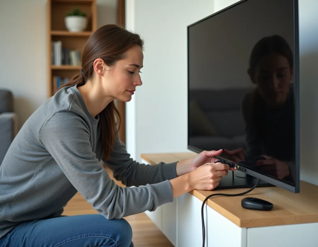 Femme branchant un câble coaxial TV à un décodeur TNT dans un salon moderne