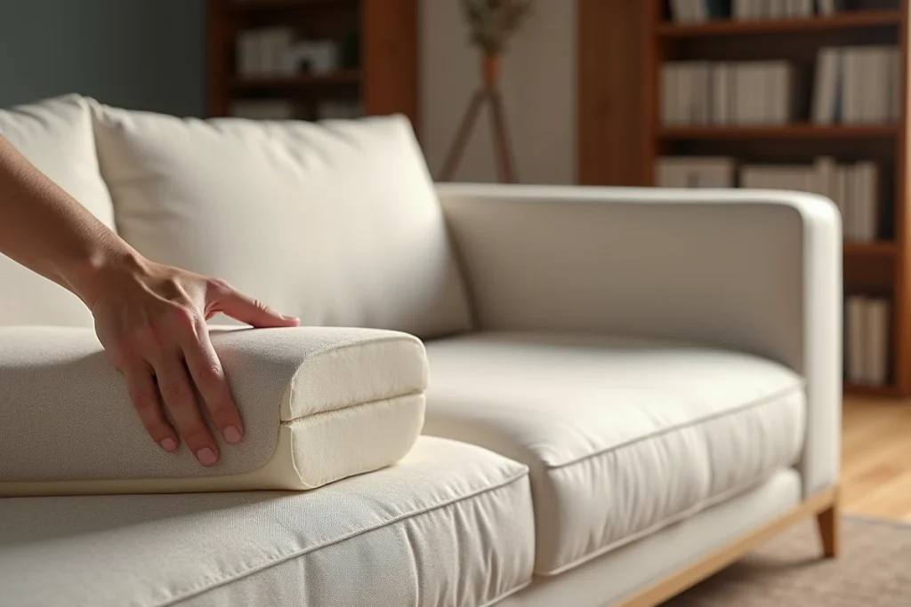 Gros plan sur un coussin de canapé haute densité compressé par une main adulte, montrant la résistance de la mousse sous le tissu beige