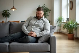 Homme adulte corpulent testant la fermeté d'un canapé haute densité en tissu gris dans un salon scandinave moderne