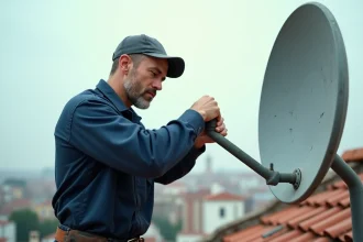 Technicien connectant un câble coaxial TV à une antenne parabolique sur un toit urbain