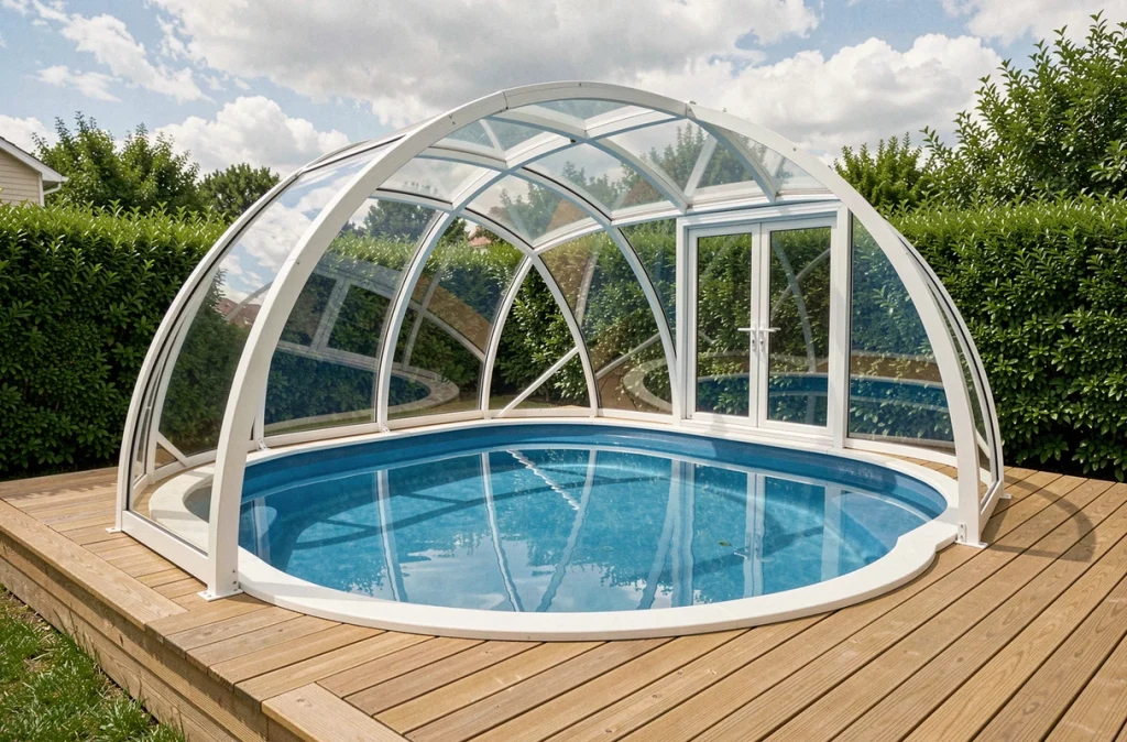 Abri de piscine hors-sol entièrement installé avec structure en aluminium et toit en polycarbonate dans un jardin familial