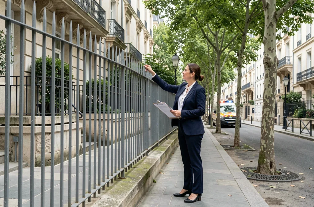 Fonctionnaire de l'urbanisme contrôlant une clôture métallique non conforme au PLU lors d'une inspection de terrain dans une rue résidentielle