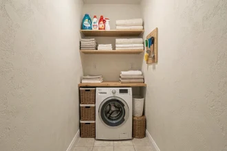Buanderie compacte aménagée dans une alcôve de couloir avec machine à laver, étagères murales et rangements pratiques