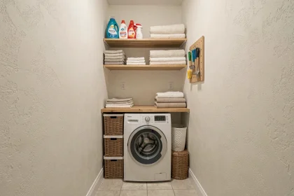 Buanderie compacte aménagée dans une alcôve de couloir avec machine à laver, étagères murales et rangements pratiques