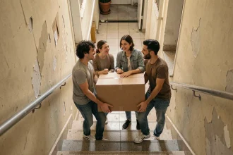 Groupe d'amis portant des cartons lors d'un déménagement dans une cage d'escalier d'immeuble