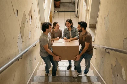 Groupe d'amis portant des cartons lors d'un déménagement dans une cage d'escalier d'immeuble
