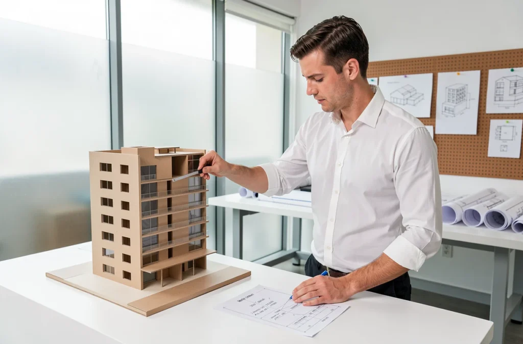 Architecte calculant les mètres cubes d'un bâtiment sur une maquette architecturale en studio
