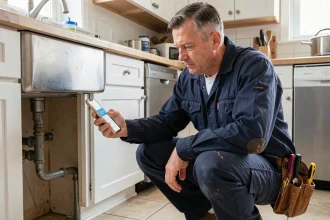 Artisan plombier utilisant une application mobile pour trouver un contact de travaux dans une cuisine moderne
