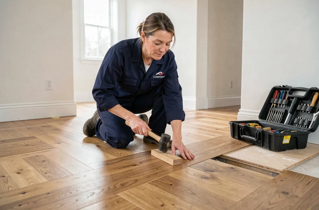 Artisane professionnelle en train de poser un parquet en bois dans un salon, illustration du recours à un artisan qualifié pour la rénovation