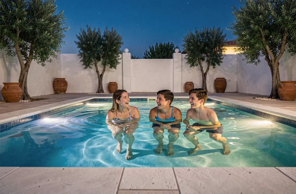Famille se baignant le soir dans une piscine équipée d'un éclairage subaquatique LED coloré