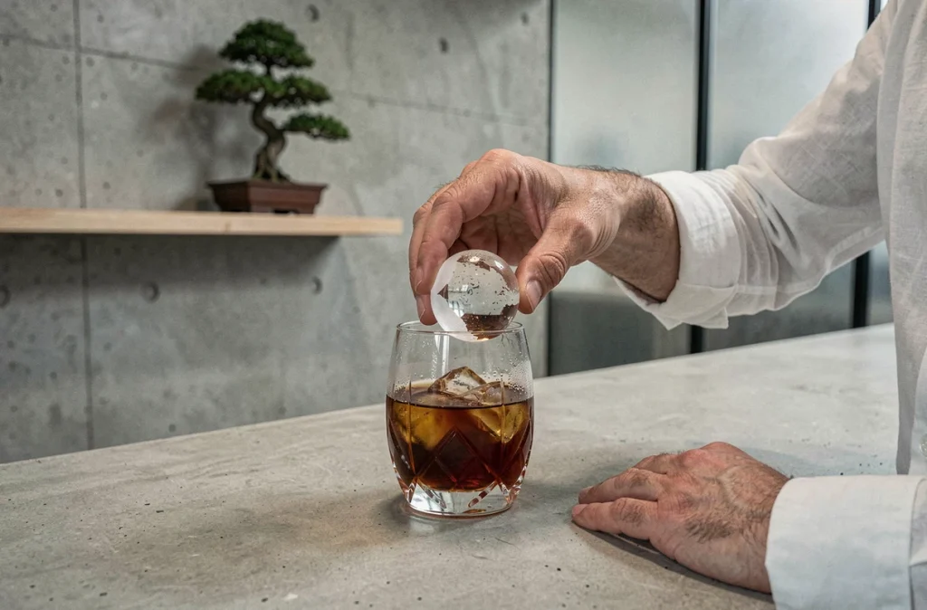 Mains de barman versant un glaçon sphérique dans un verre japonais mizunomi rempli d'un cocktail old fashioned ambré dans un bar minimaliste de style Tokyo
