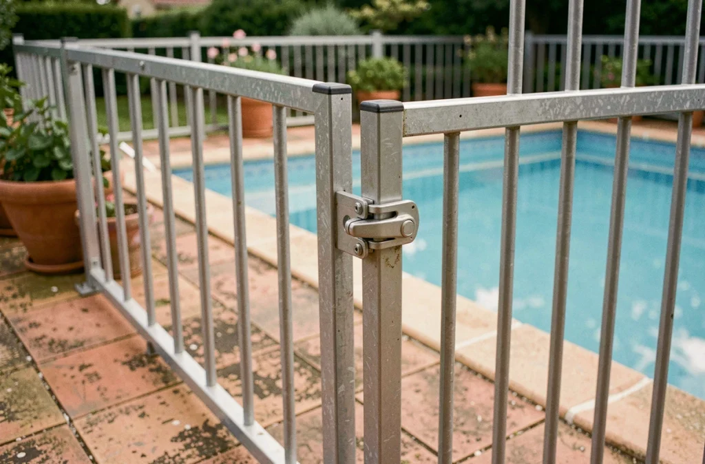 Barrière de sécurité réglementaire avec loquet automatique autour d'une piscine privée résidentielle en France