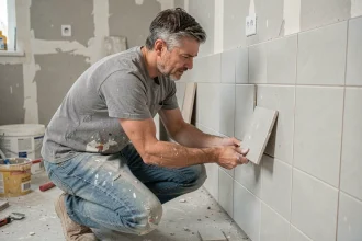 Homme en train de poser du carrelage lui-même dans une cuisine en cours de rénovation, illustration du bricolage DIY à domicile