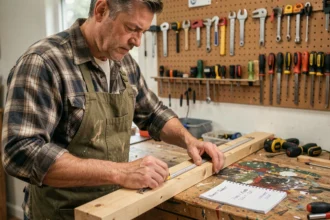 Homme mesurant une planche en bois dans un atelier de bricolage modeste avec des outils accrochés au mur
