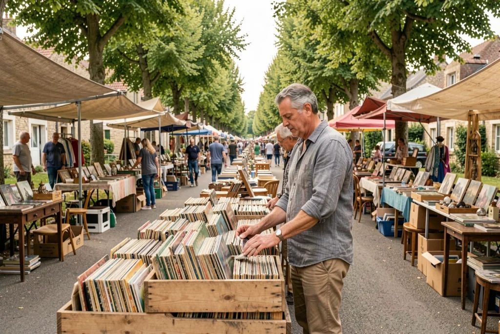 Homme parcourant des vinyles lors d'un vide grenier en bord d'avenue dans les Yvelines