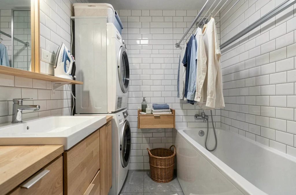 Coin buanderie fonctionnel intégré dans une petite salle de bain avec lave-linge superposé et étendoir rétractable