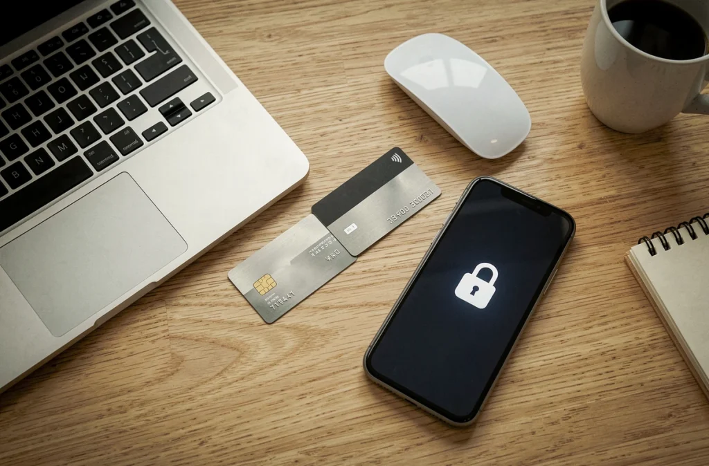 Vue de dessus d'un bureau avec carte bancaire, laptop et smartphone illustrant la sécurité des paiements en ligne