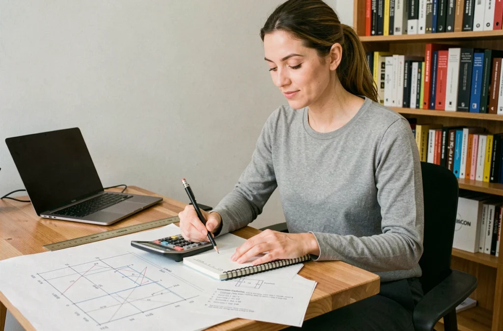 Femme calculant des volumes en mètres cubes sur des plans architecturaux dans un bureau professionnel