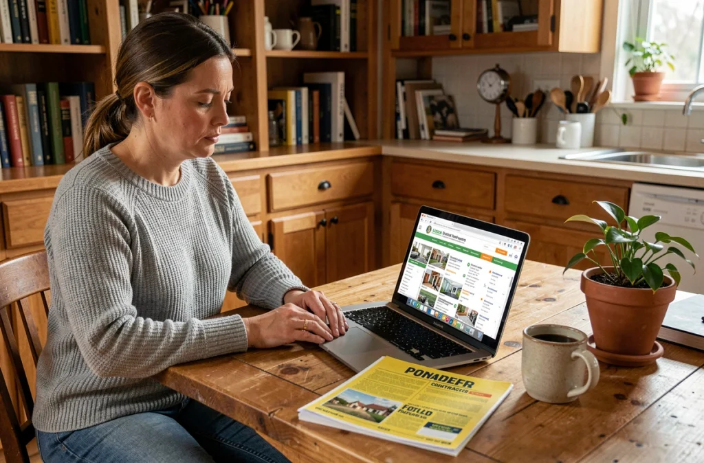 Femme comparant un annuaire en ligne et un annuaire papier classique pour trouver un artisan à domicile