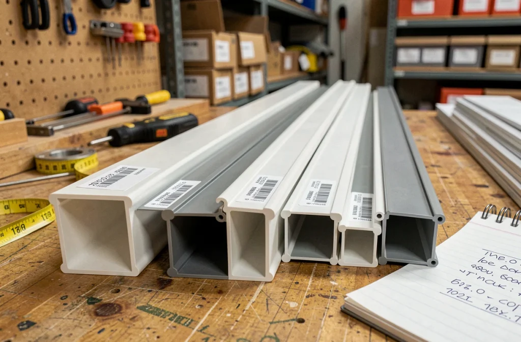 Comparaison de goulottes en plastique de différentes tailles avec étiquettes de prix sur un établi de bricolage