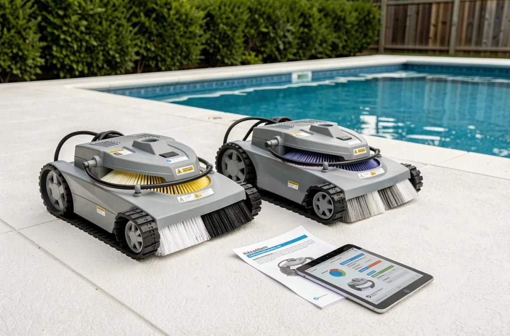 Comparaison de deux modèles de robots nettoyeurs de piscine posés sur une terrasse blanche