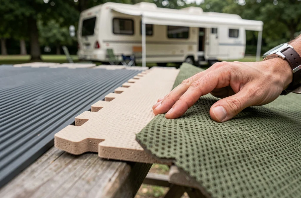 Comparaison de différents types de tapis de sol pour camping-car posés sur une table de pique-nique en bois
