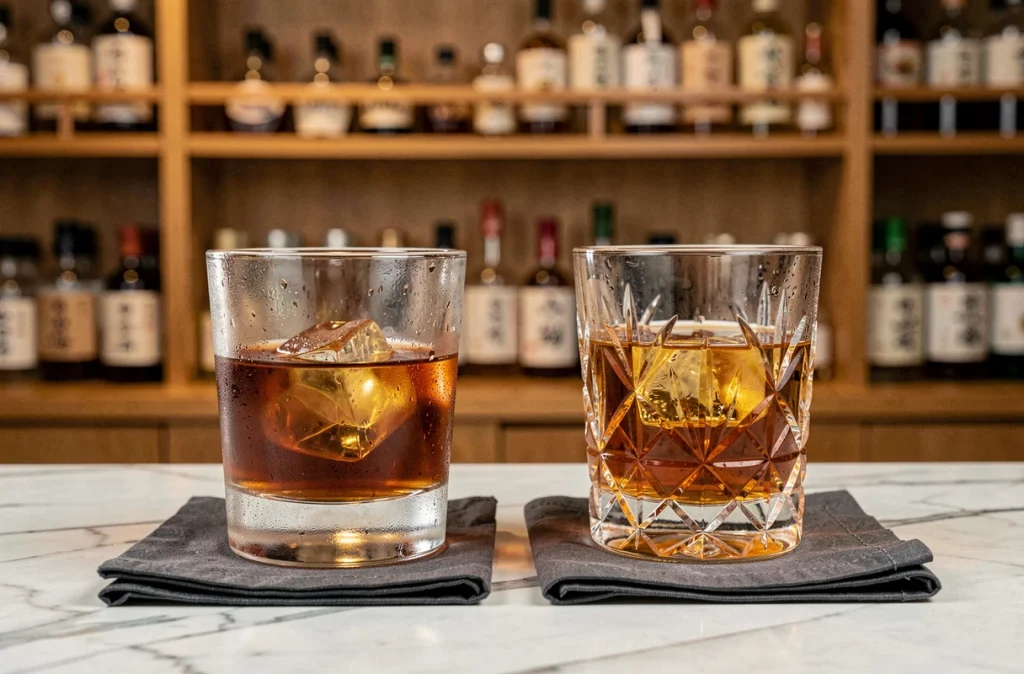 Comparaison côte à côte d'un verre à whisky occidental classique et d'un verre japonais en cristal taillé kagome, tous deux garnis d'un cocktail old fashioned sur marbre