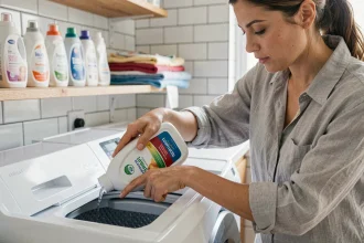 Femme versant du détergent liquide dans le bon compartiment du tiroir de machine à laver