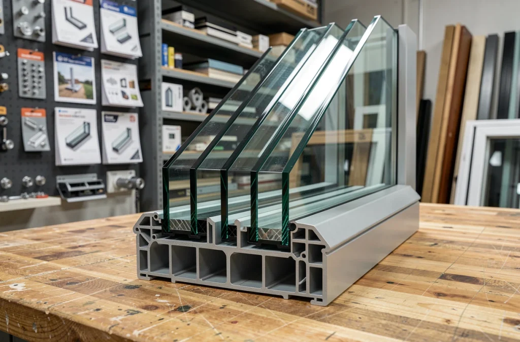 Coupe transversale d'un triple vitrage posé sur un établi dans un atelier de menuiserie professionnelle