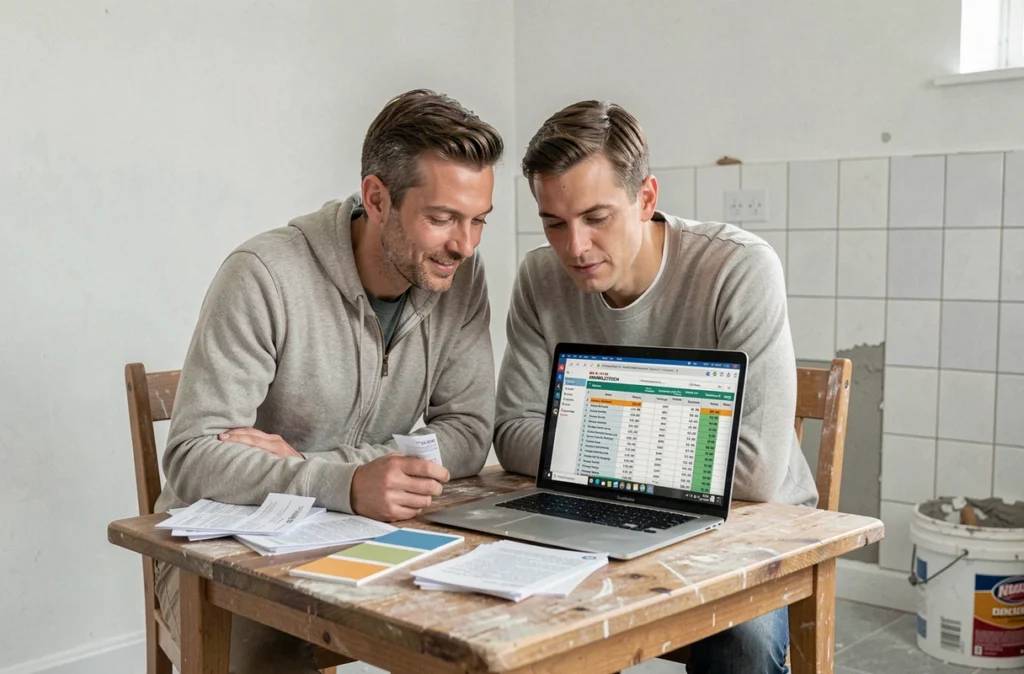 Couple planifiant le budget de rénovation de leur maison autour d'une table avec des reçus et un ordinateur portable