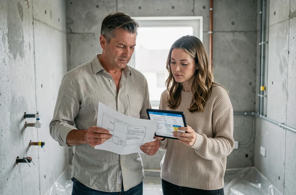 Couple en train de comparer des devis d'artisans et des projets DIY dans une salle de bain en cours de rénovation