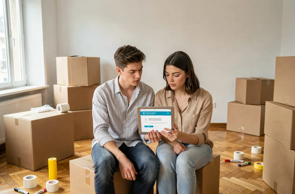 Couple consultant un portail administratif en ligne pour notifier leur changement d'adresse lors d'un déménagement