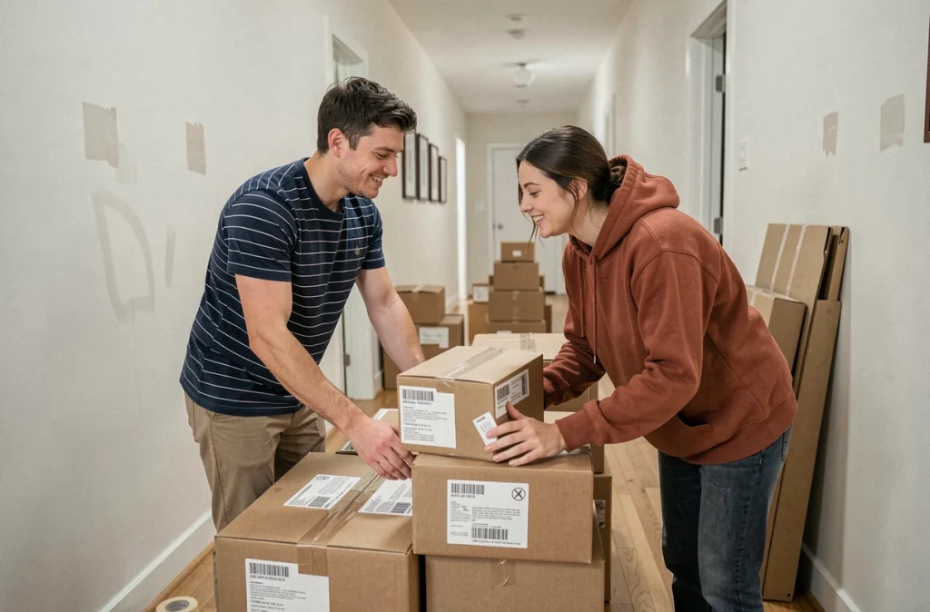 Couple empilant des cartons étiquetés dans un couloir lors de la préparation d'un déménagement