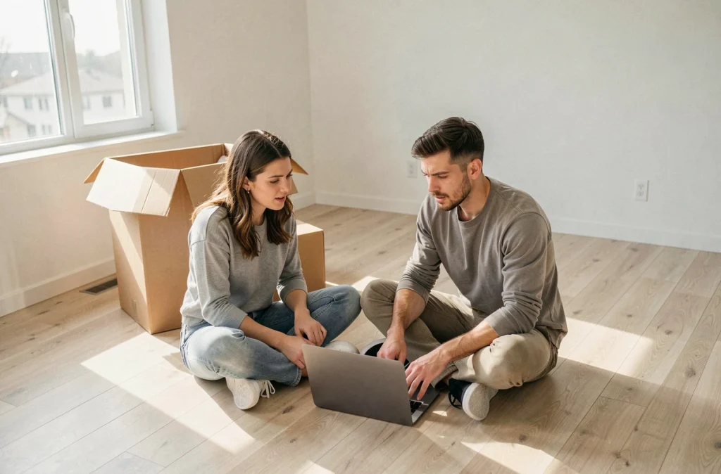 Couple organisant leur déménagement sur un ordinateur portable dans un appartement vide nouvellement loué