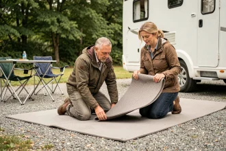 Couple de campeurs déroulant un tapis de sol gris devant leur camping-car sur un terrain de camping en gravier