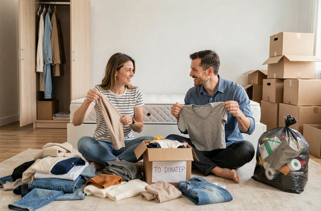 Couple triant des vêtements par catégories sur le sol d'une chambre à coucher lors de la préparation d'un déménagement