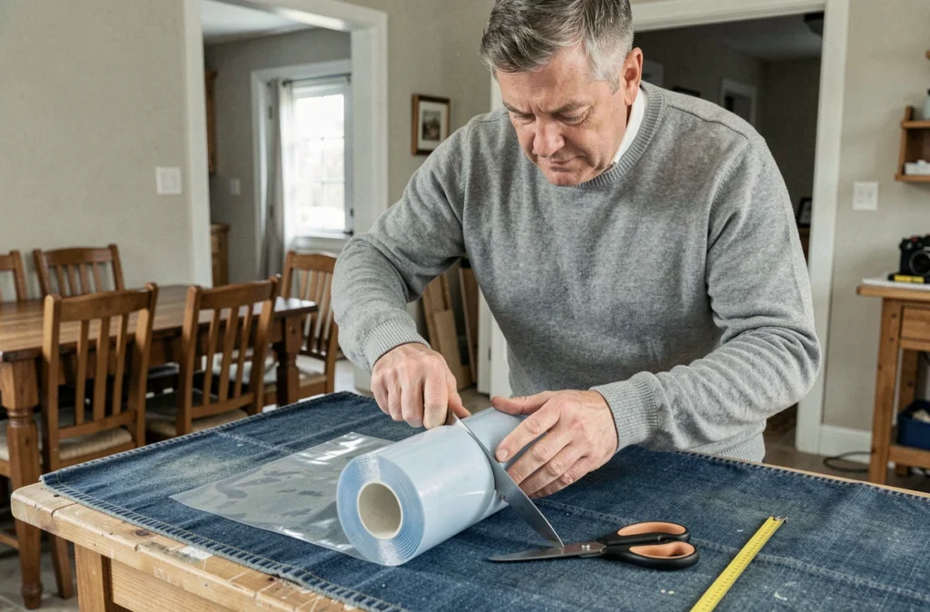 Homme coupant un rouleau de protection plastique PVC pour table dans un atelier à domicile