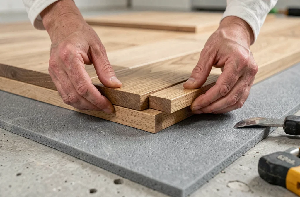 Détail du verrouillage de lames de parquet flottant sur sous-couche acoustique grise