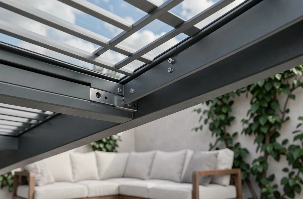 Détail des lames orientables en aluminium anthracite d'une pergola bioclimatique sur une terrasse moderne