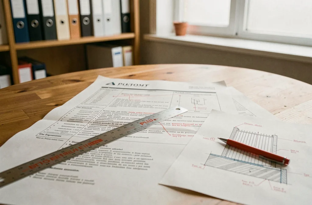 Document PLU annoté avec règles de clôture et croquis réglementaire sur un bureau d'urbaniste, illustrant les obligations légales en matière de clôtures