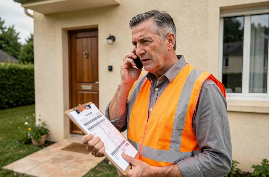 Électricien artisan en gilet orange répondant à un appel client devant une maison résidentielle avec devis