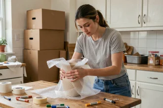 Femme emballant soigneusement un vase fragile dans du papier bulle avant un déménagement