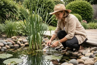 Femme entretenant les plantes aquatiques d'une piscine naturelle au bord de l'eau entourée de végétation