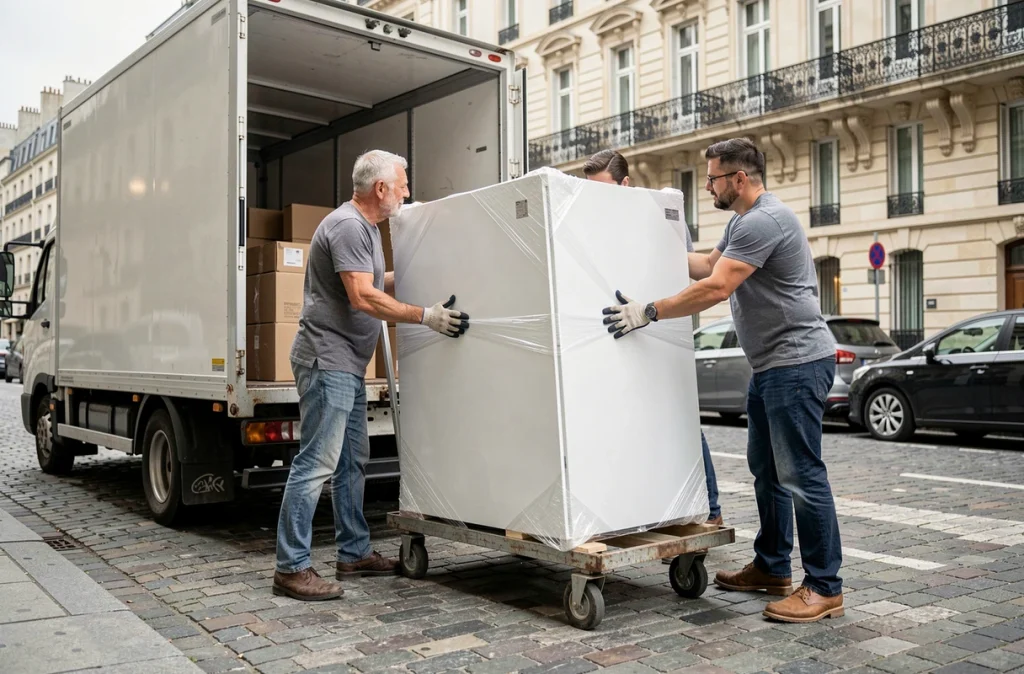 Une équipe de déménageurs chargeant un réfrigérateur encombrant sur le hayon d'un camion de déménagement en ville