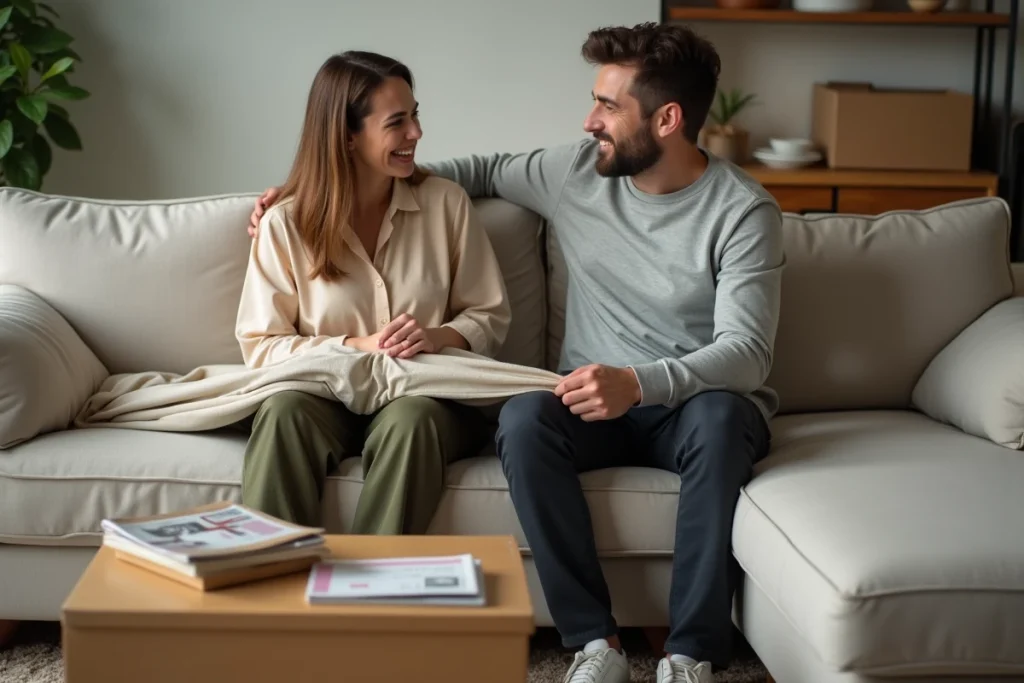 Couple tentant d'ajuster une housse de canapé d'angle mal ajustée dans leur salon, illustrant les erreurs courantes à l'achat