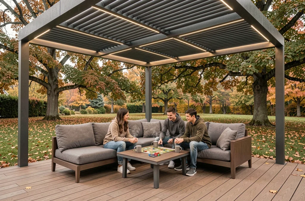Famille réunie sous une pergola bioclimatique fermée en automne, profitant de leur terrasse malgré la pluie