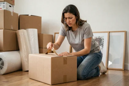 Femme préparant des cartons de déménagement dans un appartement en cours de vidage, ambiance réaliste et organisée