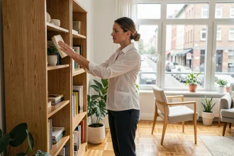 Femme de ménage professionnelle en uniforme blanc époussetant une bibliothèque dans un appartement moderne bien rangé